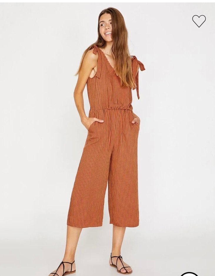 Kadın Çizgili Kahverengi Midi Tulum - Görsel 2