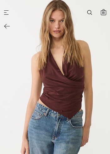 Stradivarius V Yaka Drapeli Kahverengi Kadın Bluz