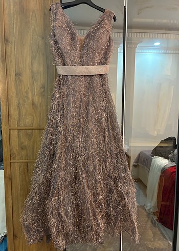 Kahverengi V Yaka Uzun Abiye Elbise - Görsel 2