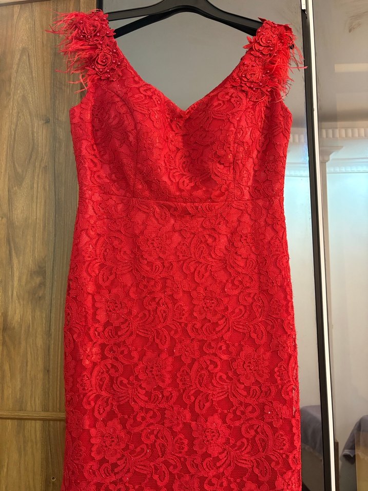 Dantel Detaylı Kırmızı Uzun Abiye Elbise - Görsel 5