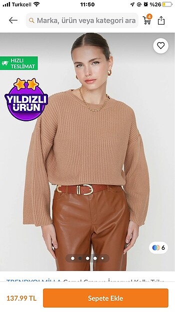 Camel Crop ve İspanyol kollu triko kazak