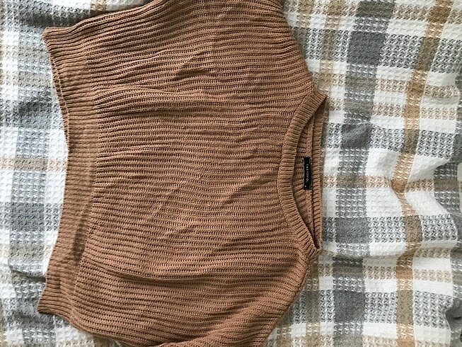 m Beden Camel Crop ve İspanyol kollu triko kazak