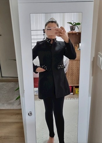 Düğmeli Siyah Midi İş Kadın Kabanı - Görsel 2