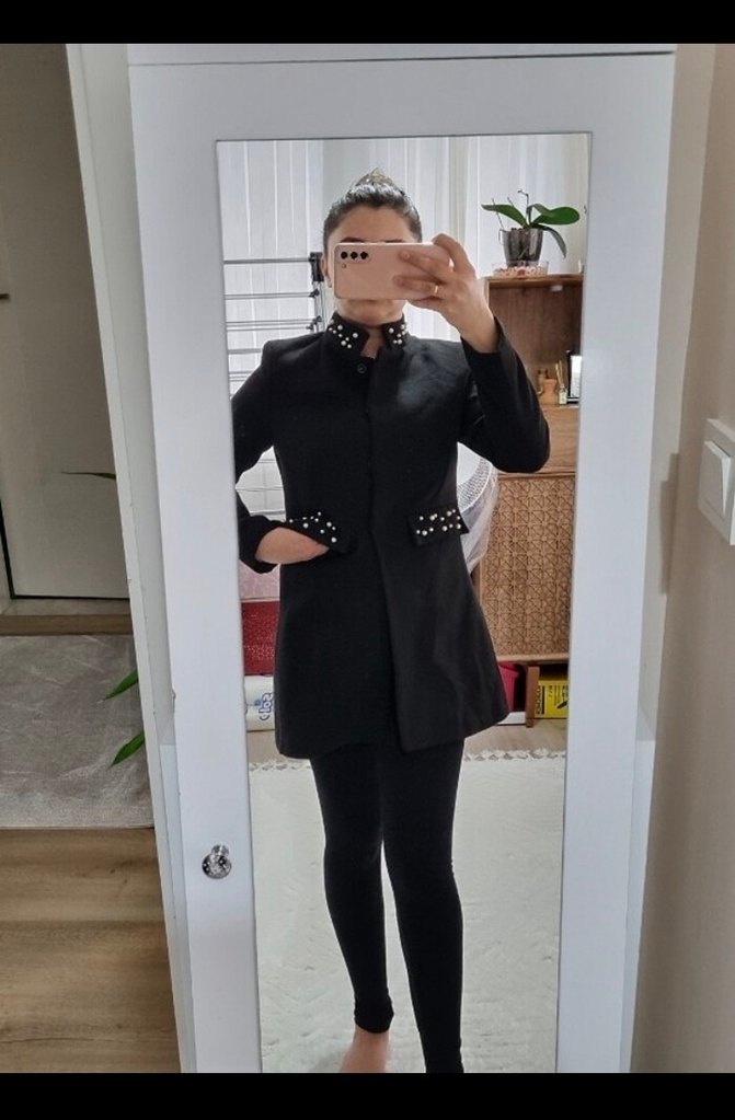 Düğmeli Siyah Midi İş Kadın Kabanı - Görsel 2