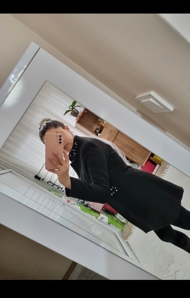 Düğmeli Siyah Midi İş Kadın Kabanı - Görsel 3