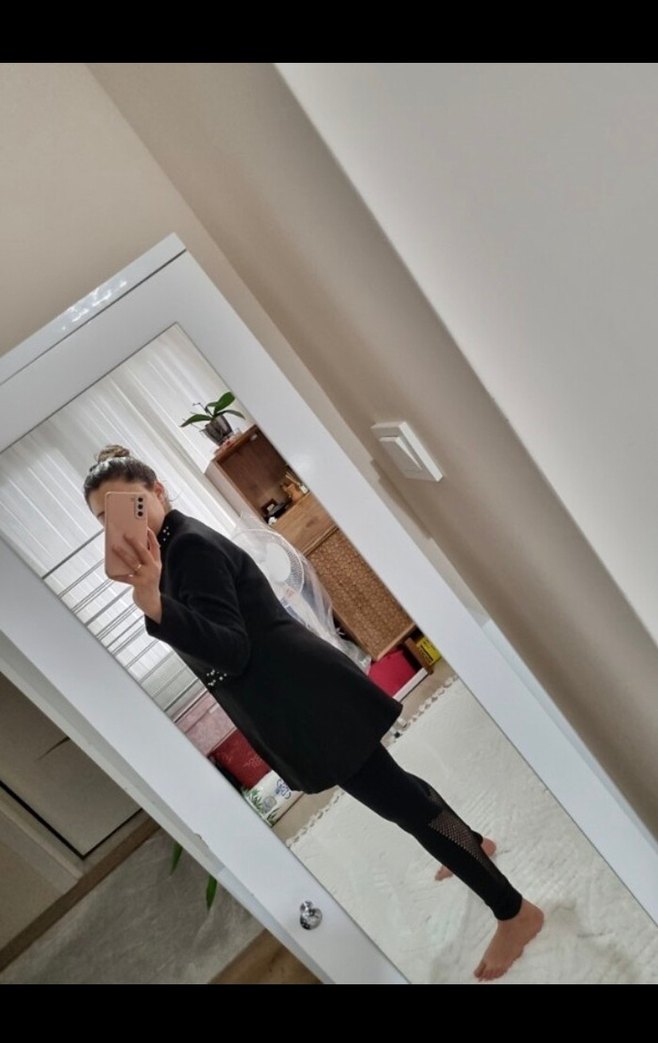 Düğmeli Siyah Midi İş Kadın Kabanı - Görsel 5