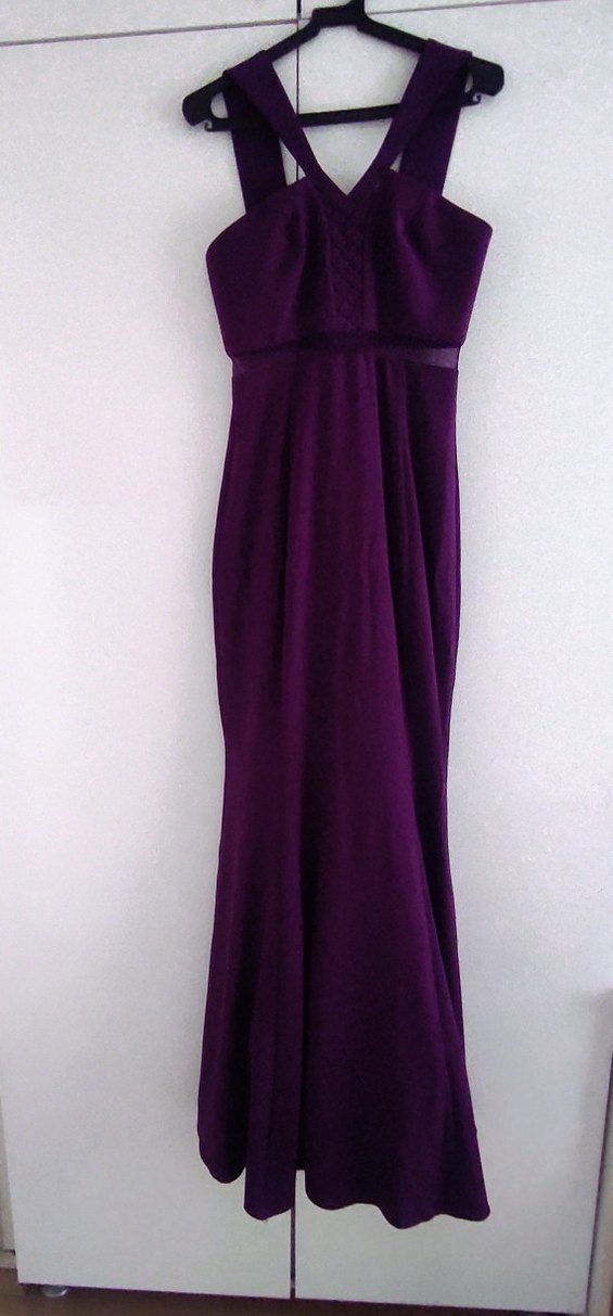 Mor V Yaka Uzun Kadın Abiye Elbise - Görsel 3