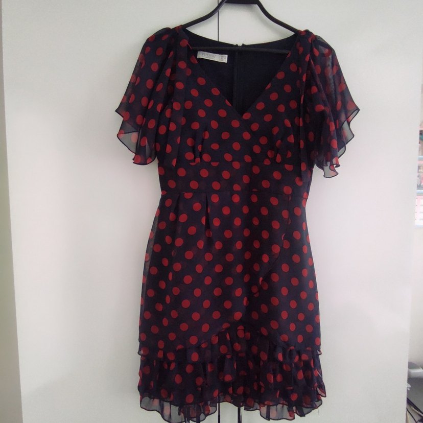 Bordo Puantiyeli Volanlı Mini Elbise - Görsel 2