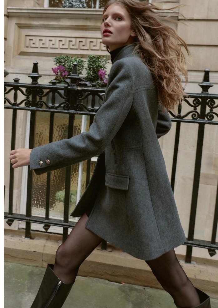 Çift düğmeli gri kadın kaban - Görsel 5