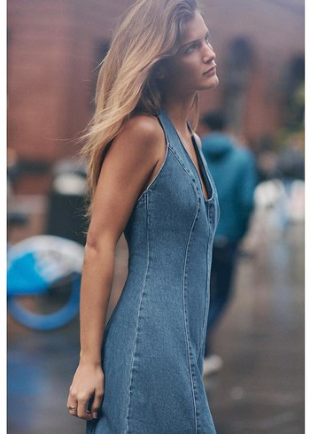 Kadın Lacivert Denim V Yakalı Uzun Elbise - Görsel 5