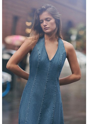 Kadın Lacivert Denim V Yakalı Uzun Elbise - Görsel 2