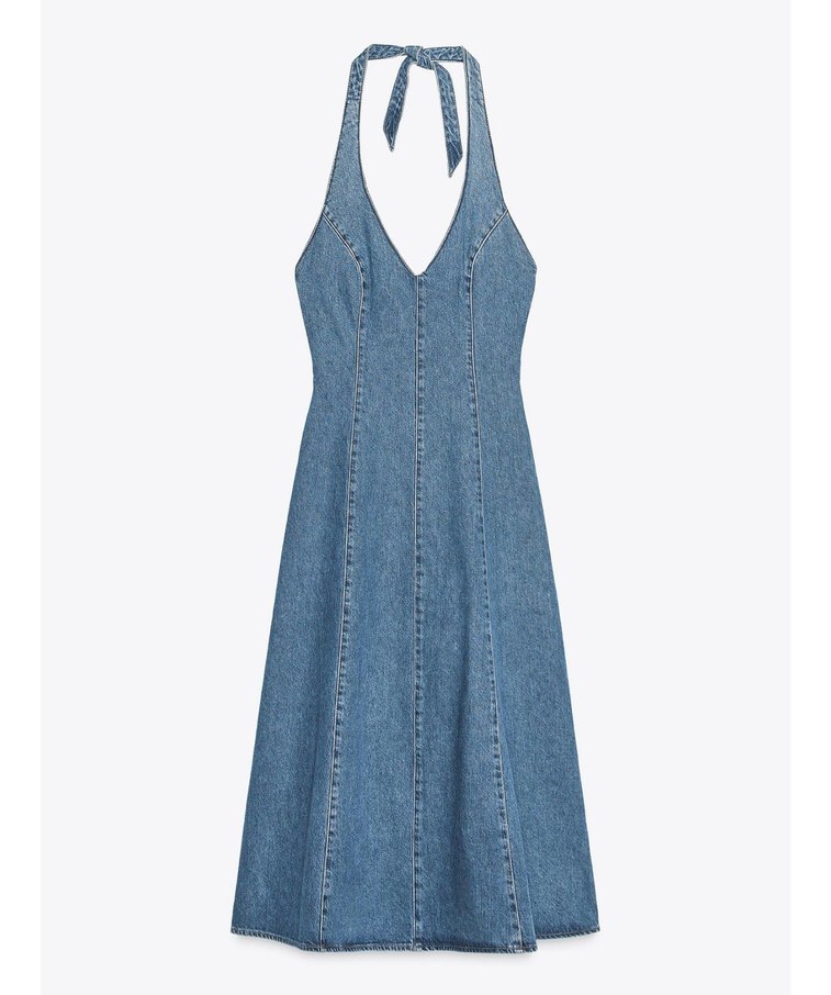 Kadın Lacivert Denim V Yakalı Uzun Elbise - Görsel 3