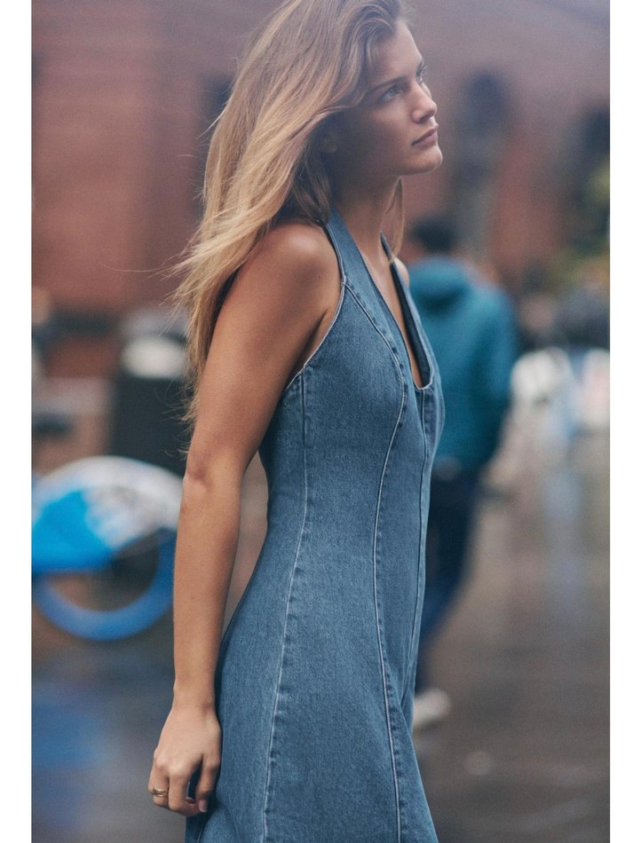 Kadın Lacivert Denim V Yakalı Uzun Elbise - Görsel 5