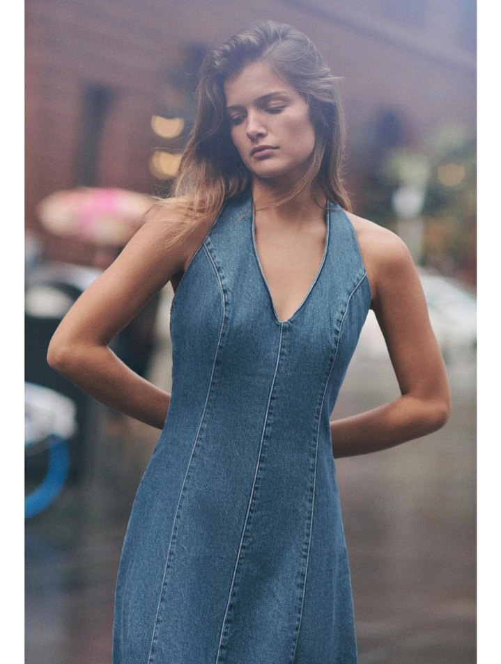 Kadın Lacivert Denim V Yakalı Uzun Elbise - Görsel 2