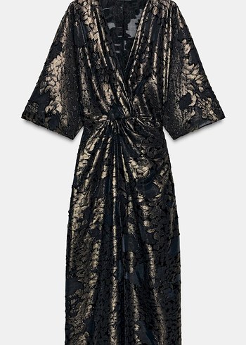 Siyah Desenli Uzun V Yaka Elbise - Görsel 4