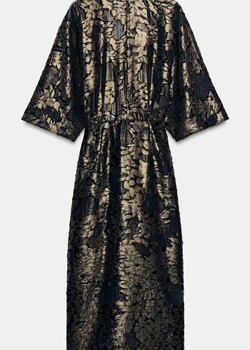 Siyah Desenli Uzun V Yaka Elbise - Görsel 3