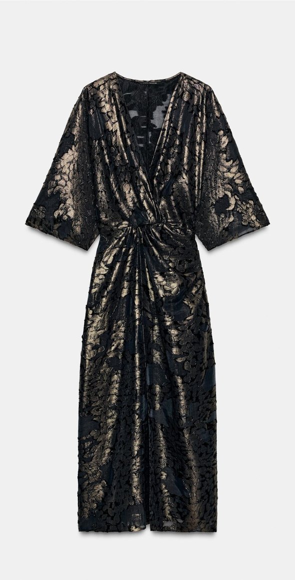 Siyah Desenli Uzun V Yaka Elbise - Görsel 4