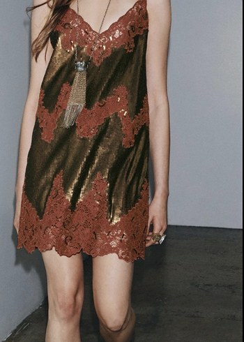 Dantel Detaylı Kahverengi Uzun Bohem Parti Elbisesi - Görsel 2