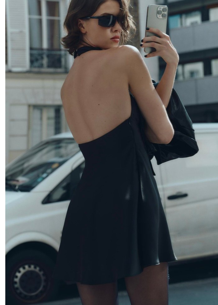 Siyah saten  Mini Straplez Elbise - Görsel 2