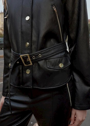 Kadın Siyah Deri Kemerli Ceket - Görsel 2