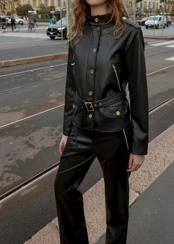 Kadın Siyah Deri Kemerli Ceket - Görsel 4