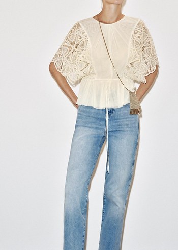 vanilya rengi Dantel Detaylı Bohem Kadın Bluz - Görsel 6