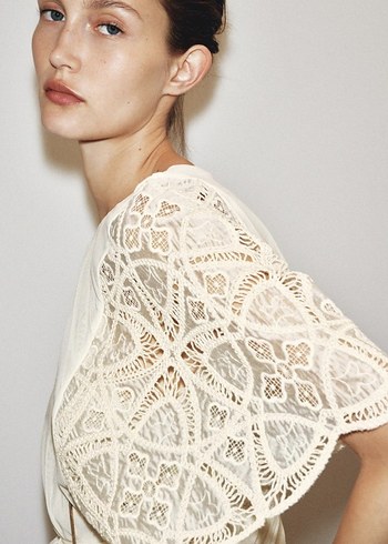 vanilya rengi Dantel Detaylı Bohem Kadın Bluz - Görsel 2