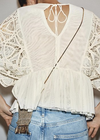 Bej Dantel Detaylı Bohem Kadın Bluz - Görsel 7