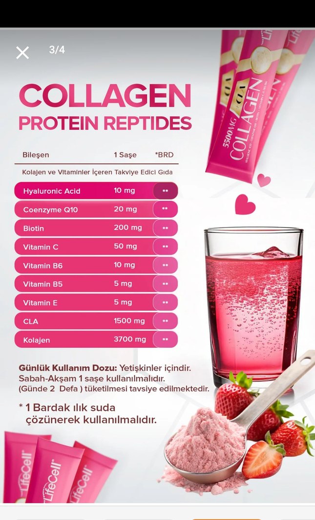 LifeCell Çilek Aromalı Collagen CLA 30 Saşe - Görsel 3