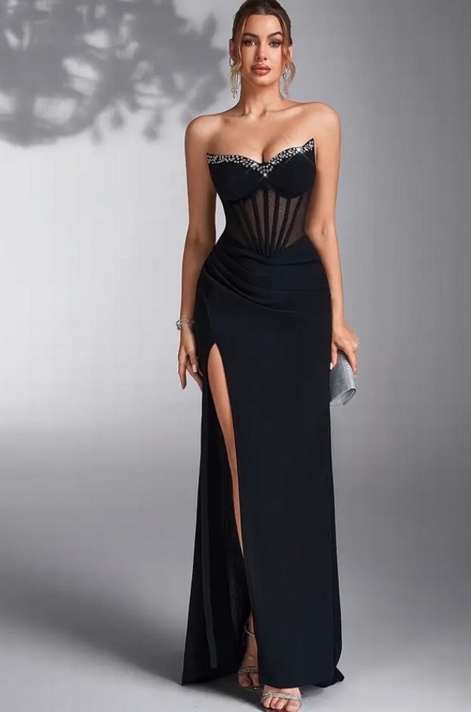 Taş İşlemeli Siyah Uzun Abiye - Görsel 2