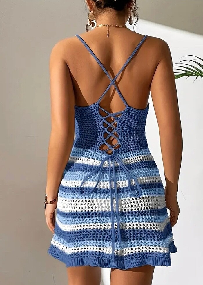 Mavi örgü elbise - Görsel 4