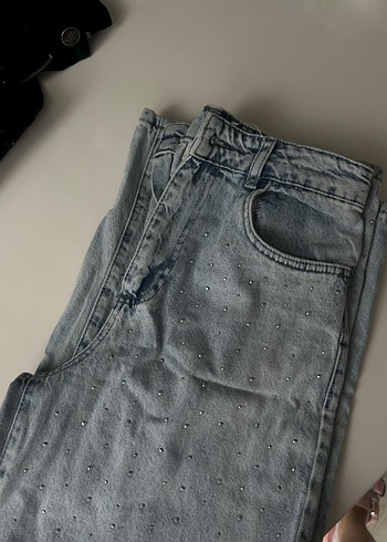 Nakışlı Gri Loose Fit Kadın Kot Pantolon