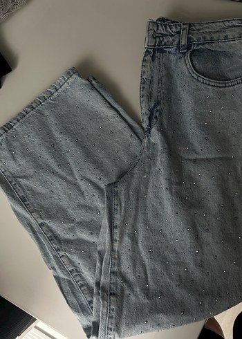 diğer Beden Nakışlı Gri Loose Fit Kadın Kot Pantolon