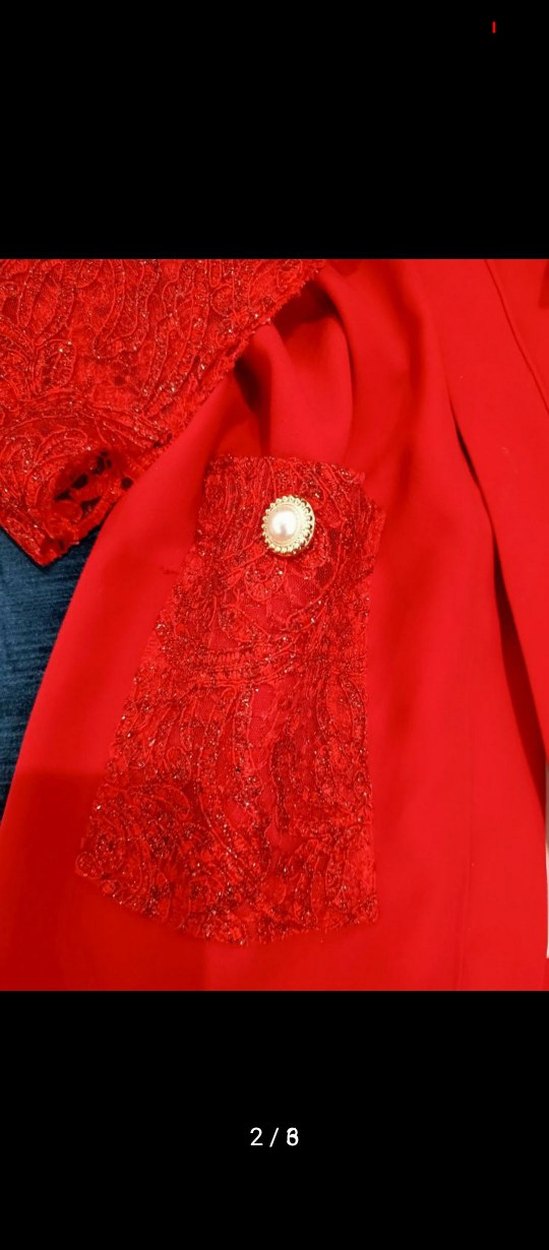 Kırmızı İşlemeli Kadın Uzun Kaban - Görsel 2