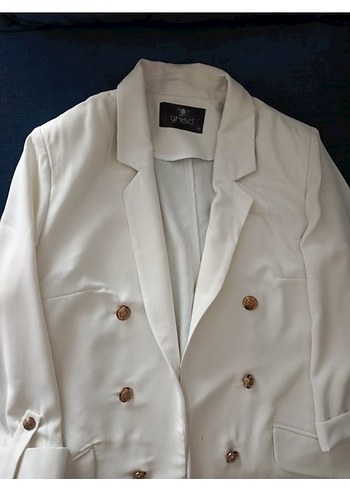 Düğmeli Beyaz Kadın Blazer Ceket - Görsel 2