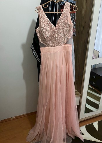 Pembe V Yaka Drapeli Uzun Abiye Elbise