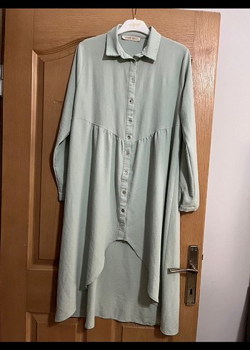 xl Beden turkuaz Renk Düğmeli Uzun Keten Tunik