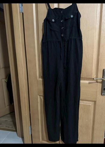 Düğmeli Siyah Uzun Keten Tulum - Görsel 7