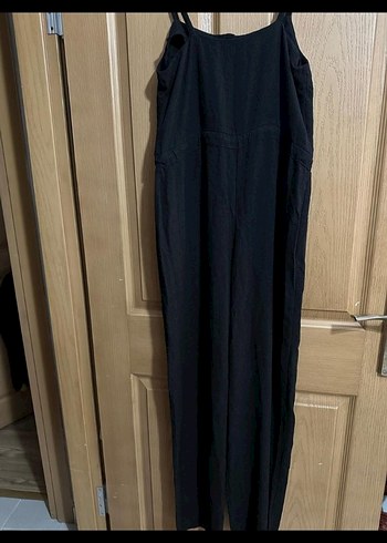 Düğmeli Siyah Uzun Keten Tulum - Görsel 6