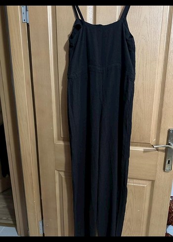 Düğmeli Siyah Uzun Keten Tulum - Görsel 5