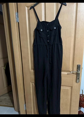 Düğmeli Siyah Uzun Keten Tulum - Görsel 4