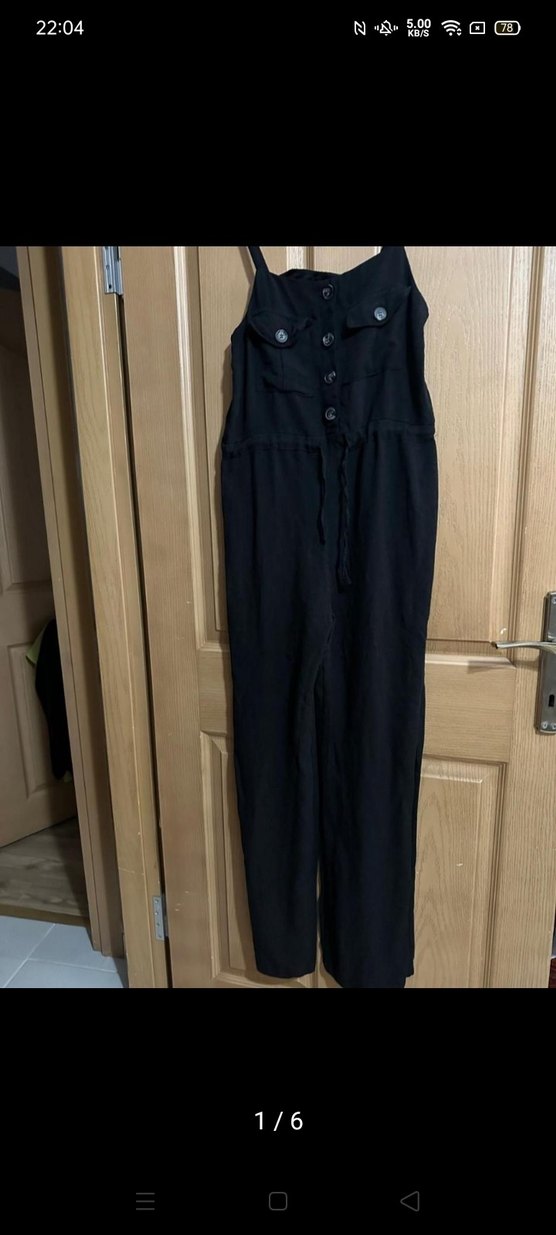 Düğmeli Siyah Uzun Keten Tulum - Görsel 3