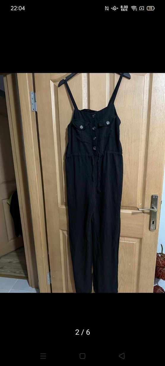 Düğmeli Siyah Uzun Keten Tulum - Görsel 4