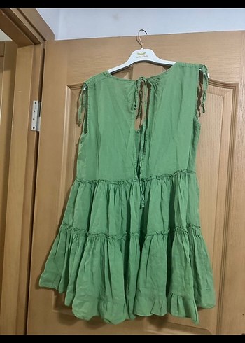 Kadın Keten Mini Elbise Volanlı V Yaka - Görsel 4