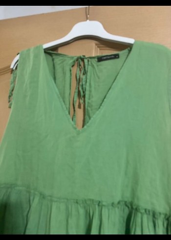 Kadın Keten Mini Elbise Volanlı V Yaka - Görsel 6