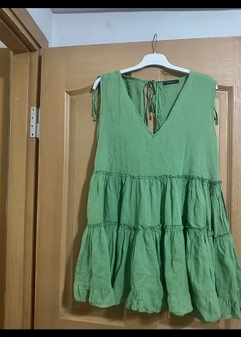 Kadın Keten Mini Elbise Volanlı V Yaka - Görsel 8