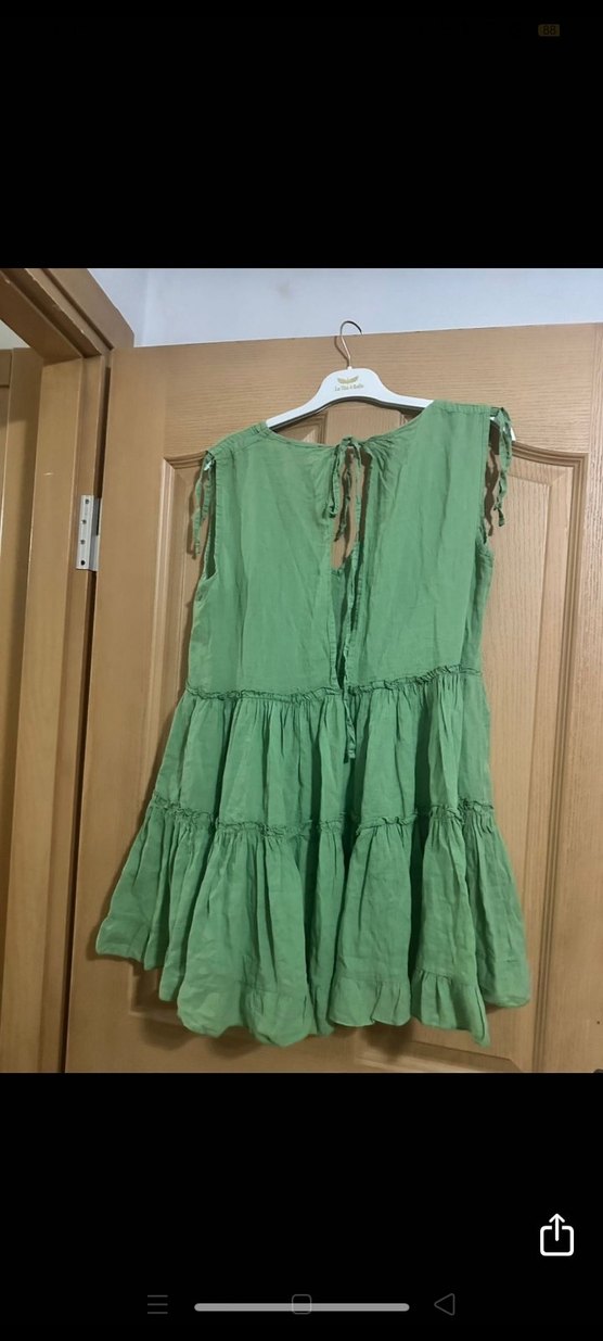 Kadın Keten Mini Elbise Volanlı V Yaka - Görsel 5