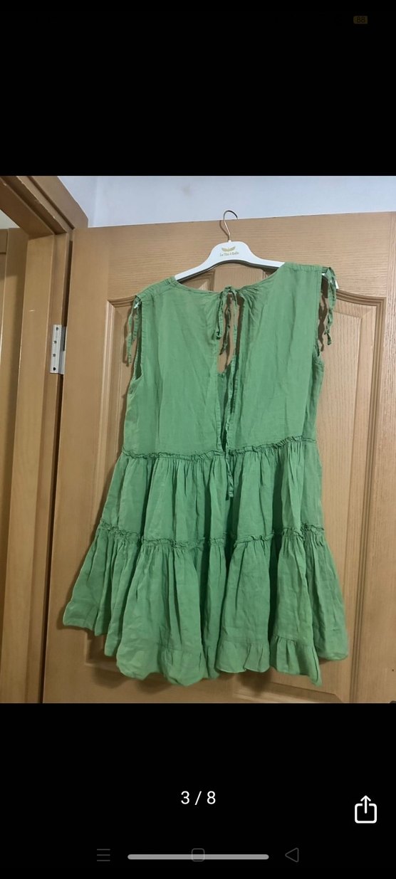 Kadın Keten Mini Elbise Volanlı V Yaka - Görsel 3