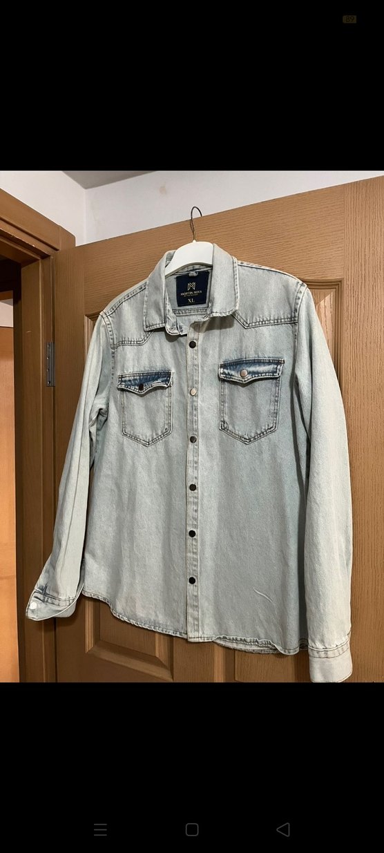 Gri Düğmeli Denim erkek Gömlek - Görsel 3