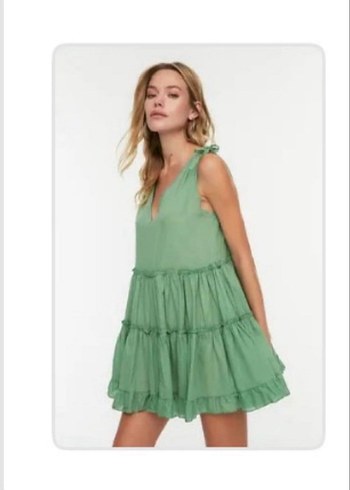 Kadın Keten Mini Elbise Volan Detaylı - Görsel 2